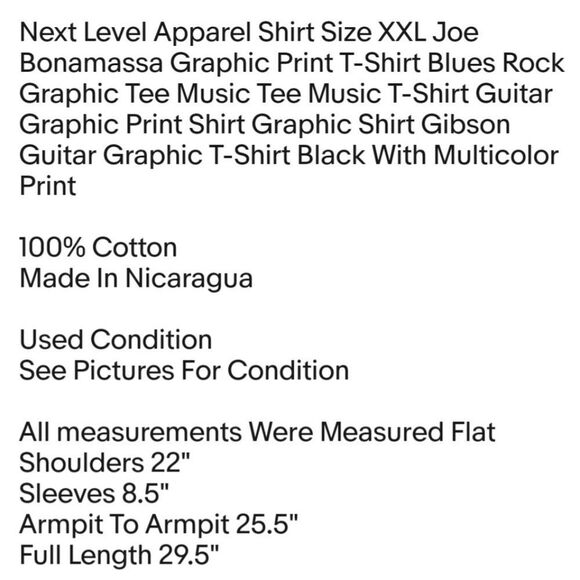 Next Level Apparel Shirt Size XXL Joe Bonamassa Graphic Print T-Shirt Blues Rock - Picture 2 of 6